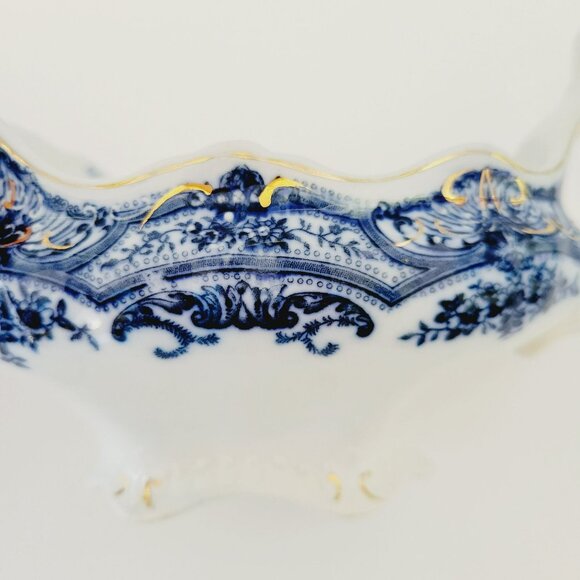J&G Meakin York Flow Blue Gravy Boat, Embossed, Gold Accents, Floral Swags - Picture 5 of 13